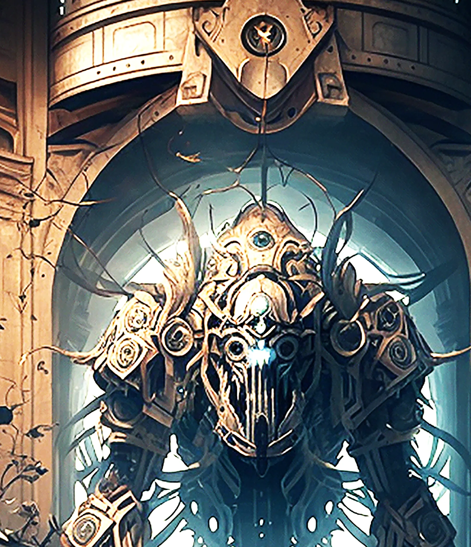 A towering machine Behemoth crouches in a fortress archway above a lone figure.